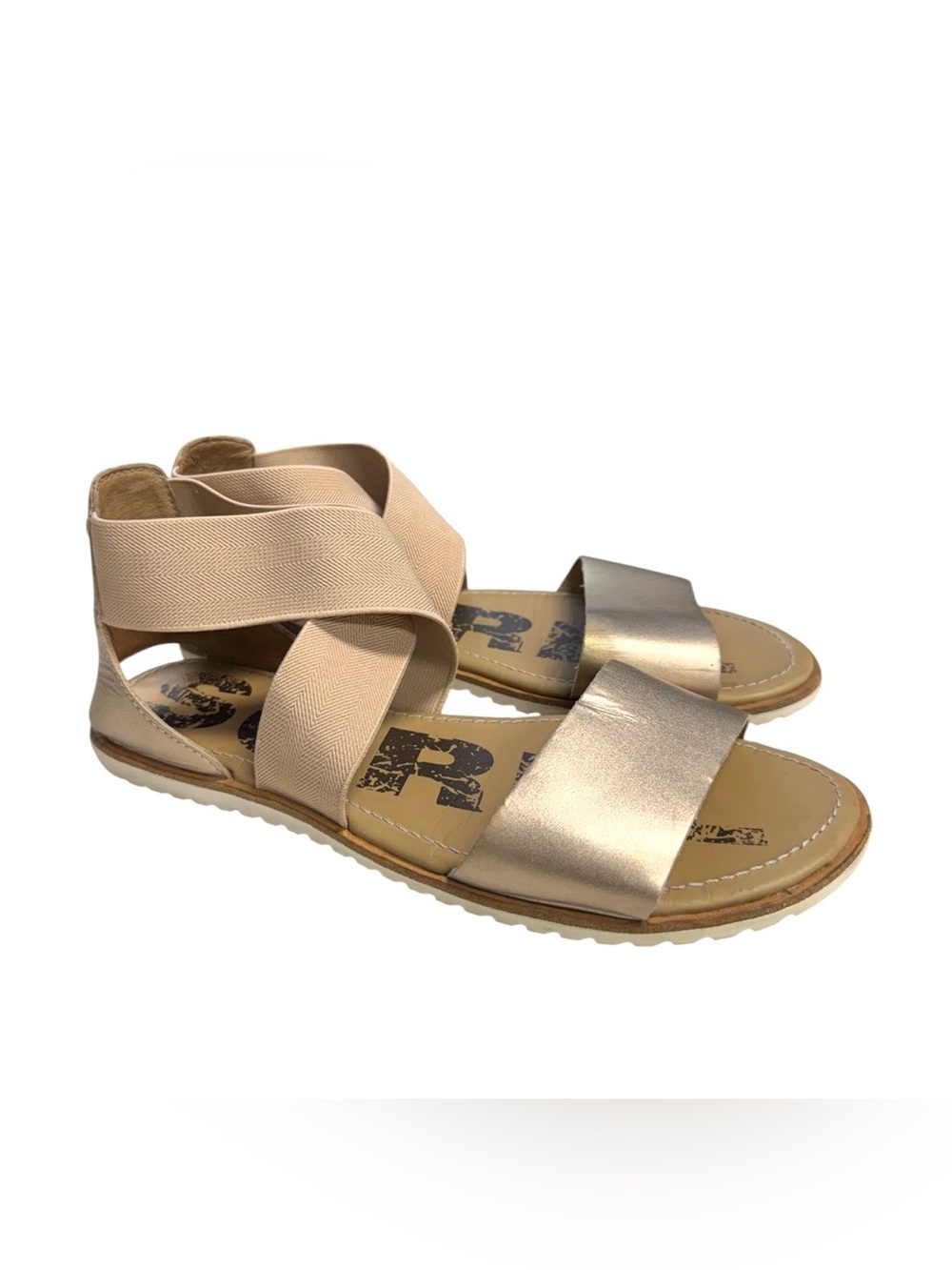 SOREL Ella Women’s Beige Metallic Strap Sandals with Elastic Ankle Wrap Sz.7